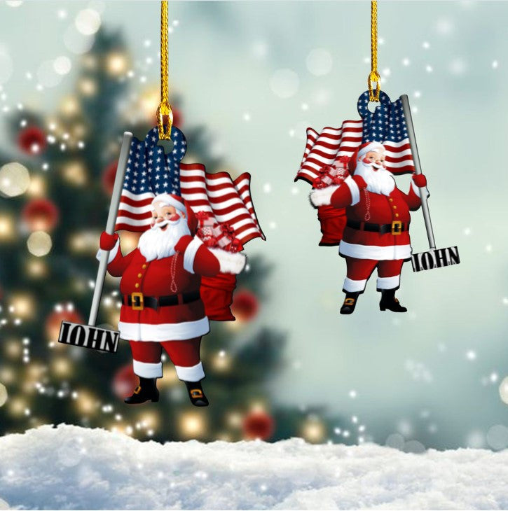 Personalized Santa Claus Hold American Flag Custom Shaped Acrylic Ornament for Home OO1946