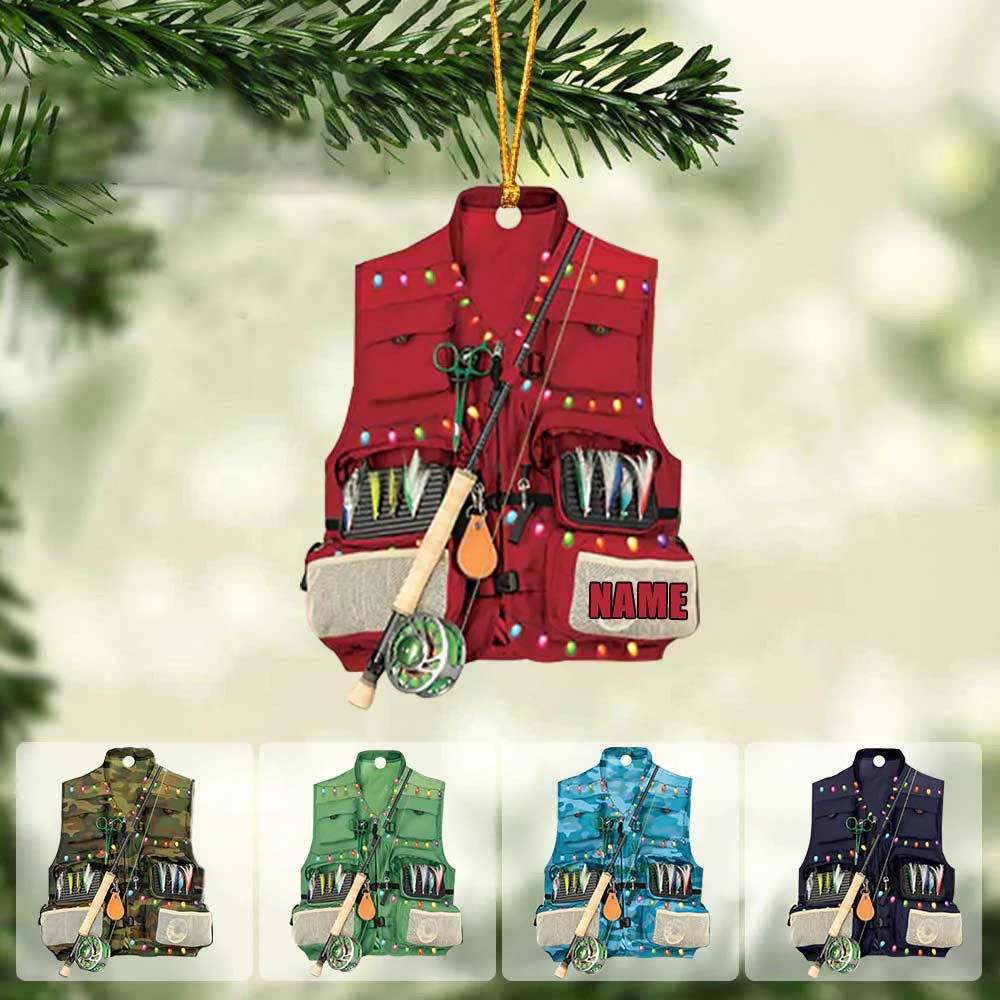 Fishing Vest With Christmas Light Personalized Ornament for Fishing Lovers, Custom Name Fishing Ornament for Dad OO1936