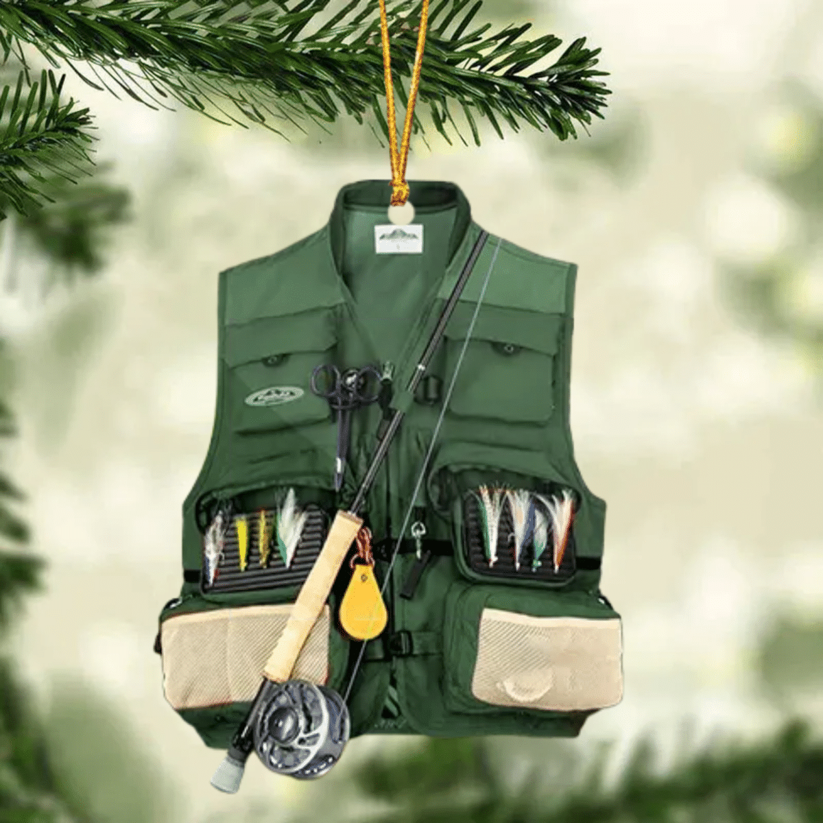 Fishing Vest With Christmas Light Personalized Ornament for Fishing Lovers, Custom Name Fishing Ornament for Dad OO1936