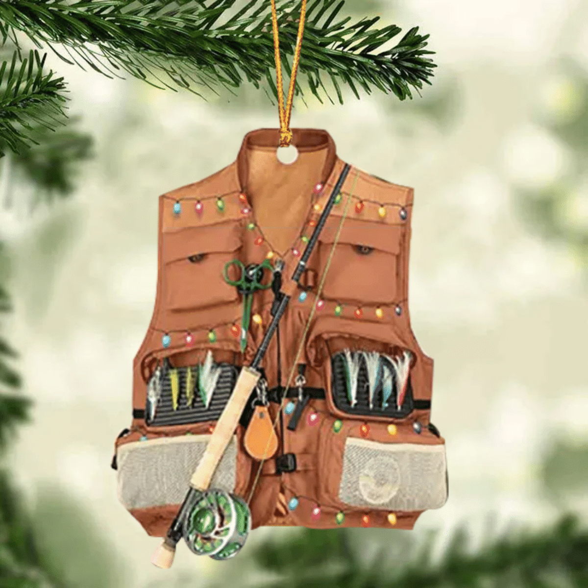 Fishing Vest With Christmas Light Personalized Ornament for Fishing Lovers, Custom Name Fishing Ornament for Dad OO1936