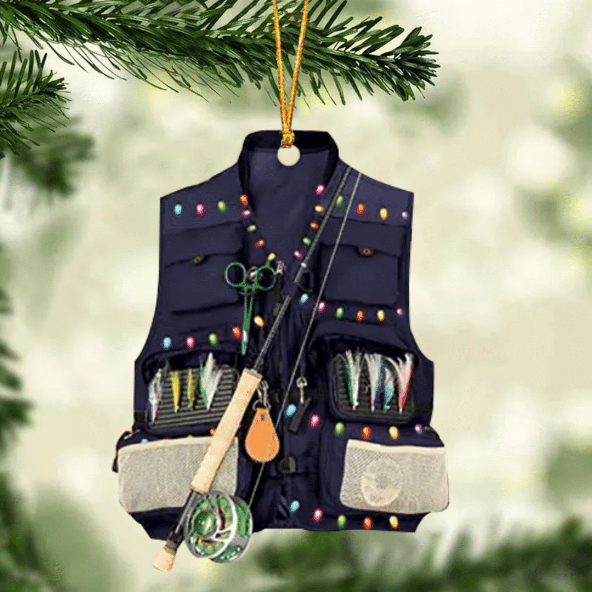 Fishing Vest With Christmas Light Personalized Ornament for Fishing Lovers, Custom Name Fishing Ornament for Dad OO1936