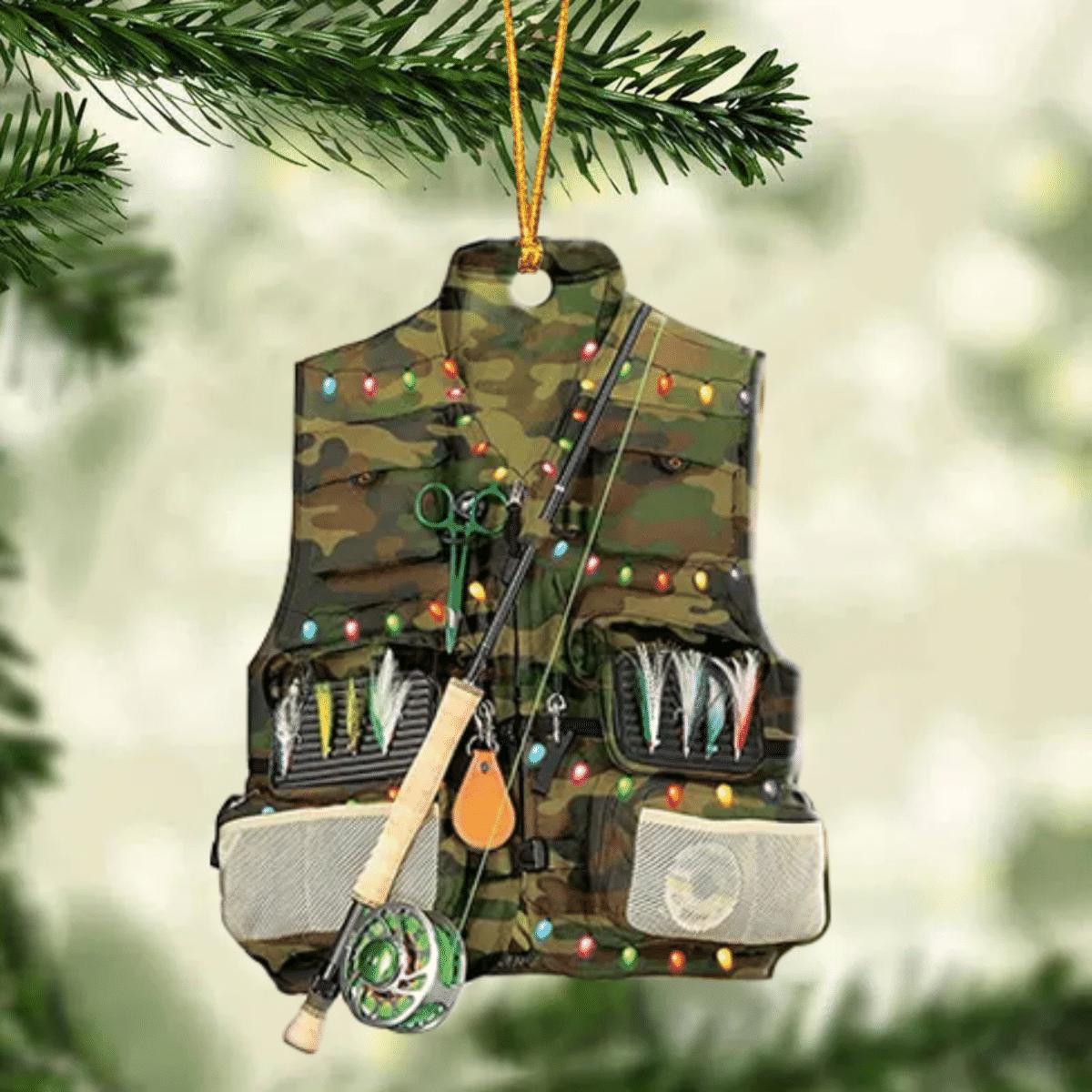 Fishing Vest With Christmas Light Personalized Ornament for Fishing Lovers, Custom Name Fishing Ornament for Dad OO1936