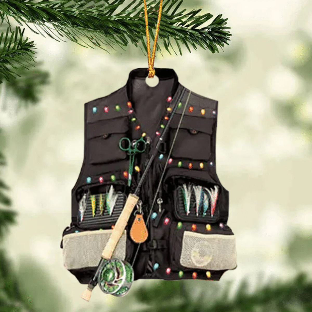 Fishing Vest With Christmas Light Personalized Ornament for Fishing Lovers, Custom Name Fishing Ornament for Dad OO1936