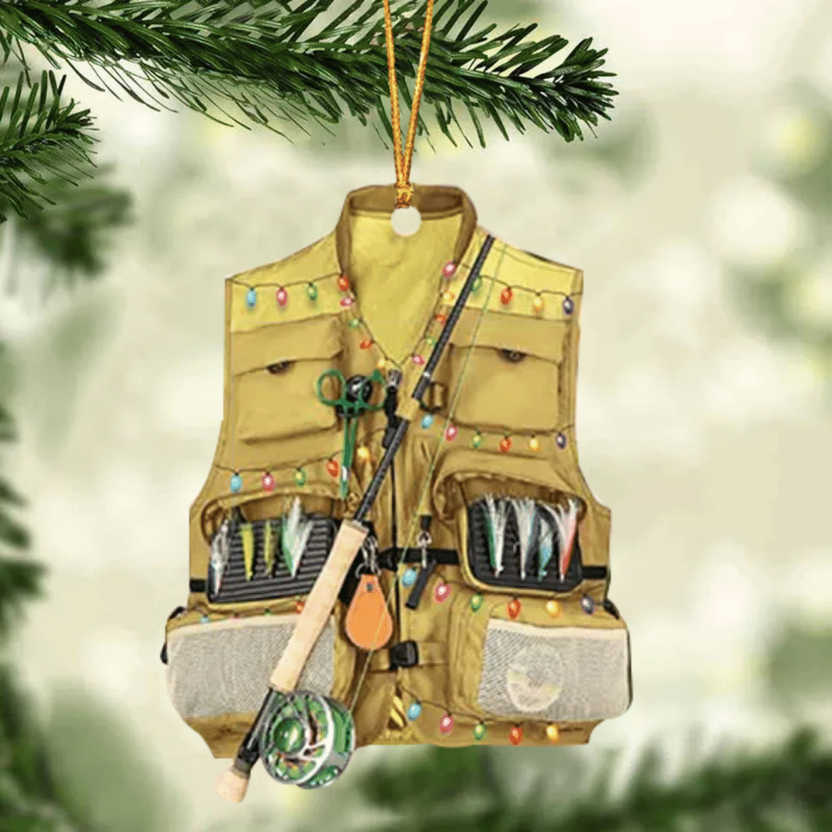 Fishing Vest With Christmas Light Personalized Ornament for Fishing Lovers, Custom Name Fishing Ornament for Dad OO1936
