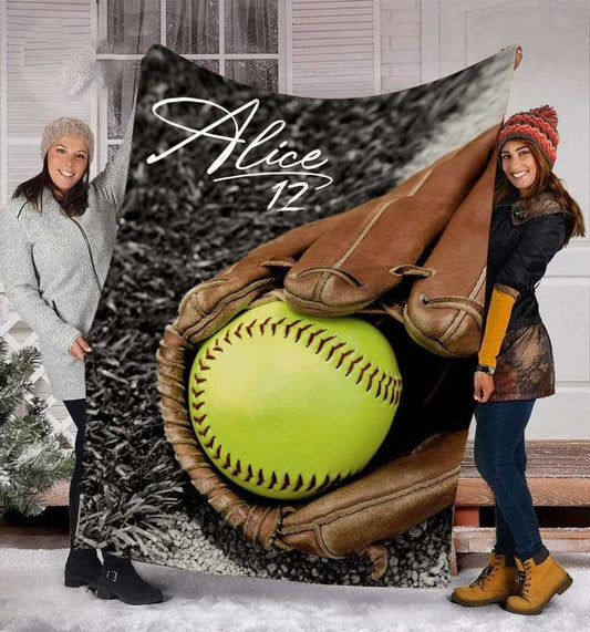Customized Softball Blanket for Daughter, Ball and Gloves Softball Blanket for Her BD0028