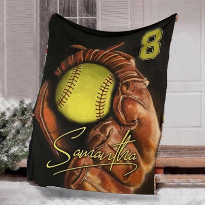 Customized Softball Blanket for Daughter, Ball and Gloves Softball Blanket for Her BD0028