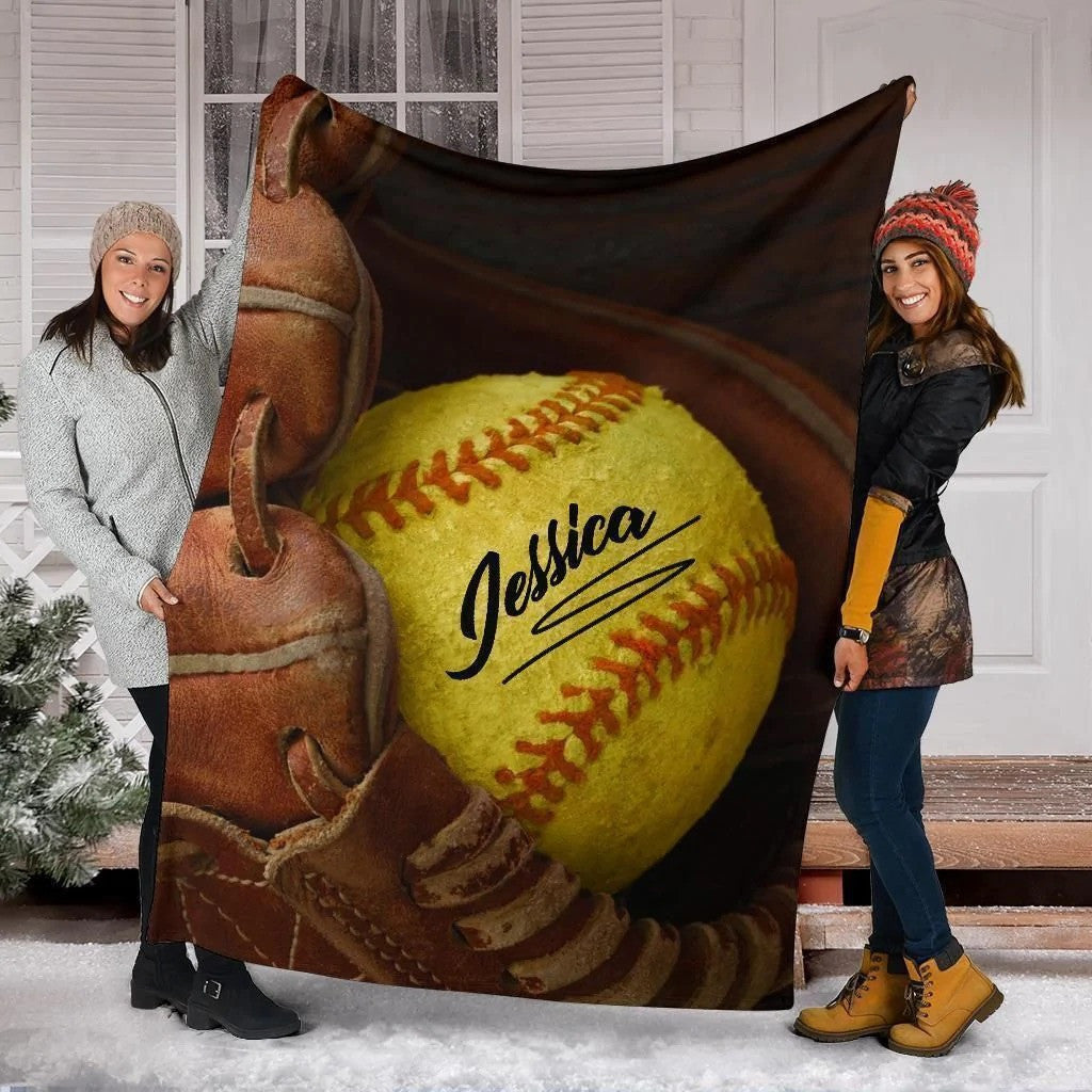 Customized Softball Blanket for Daughter, Ball and Gloves Softball Blanket for Her BD0028
