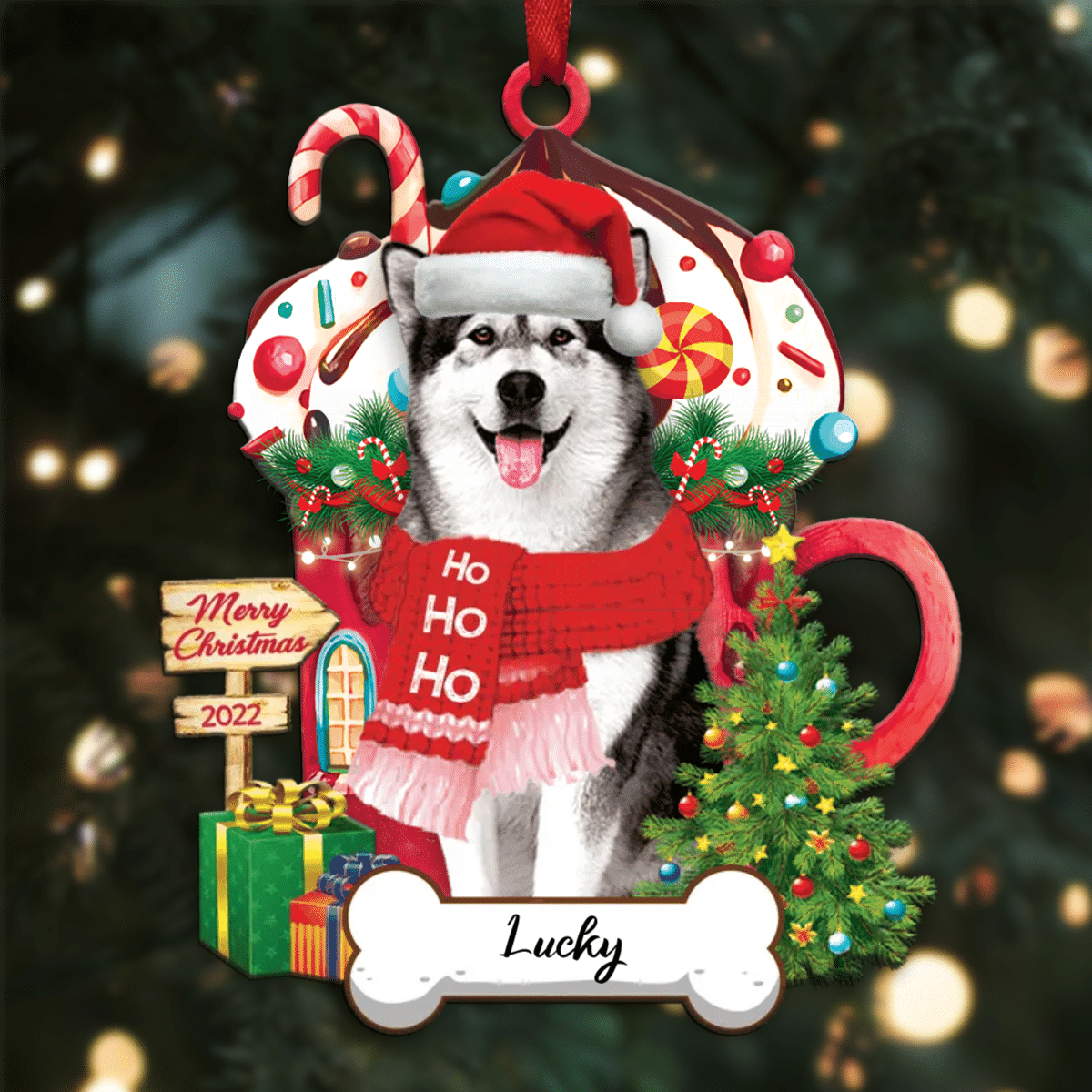 Personalized Ho Ho Ho Alaskan Dog Christmas Ornament for Christmas Tree Decor OO3910