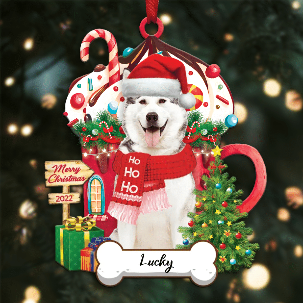 Personalized Ho Ho Ho Alaskan Dog Christmas Ornament for Christmas Tree Decor OO3910