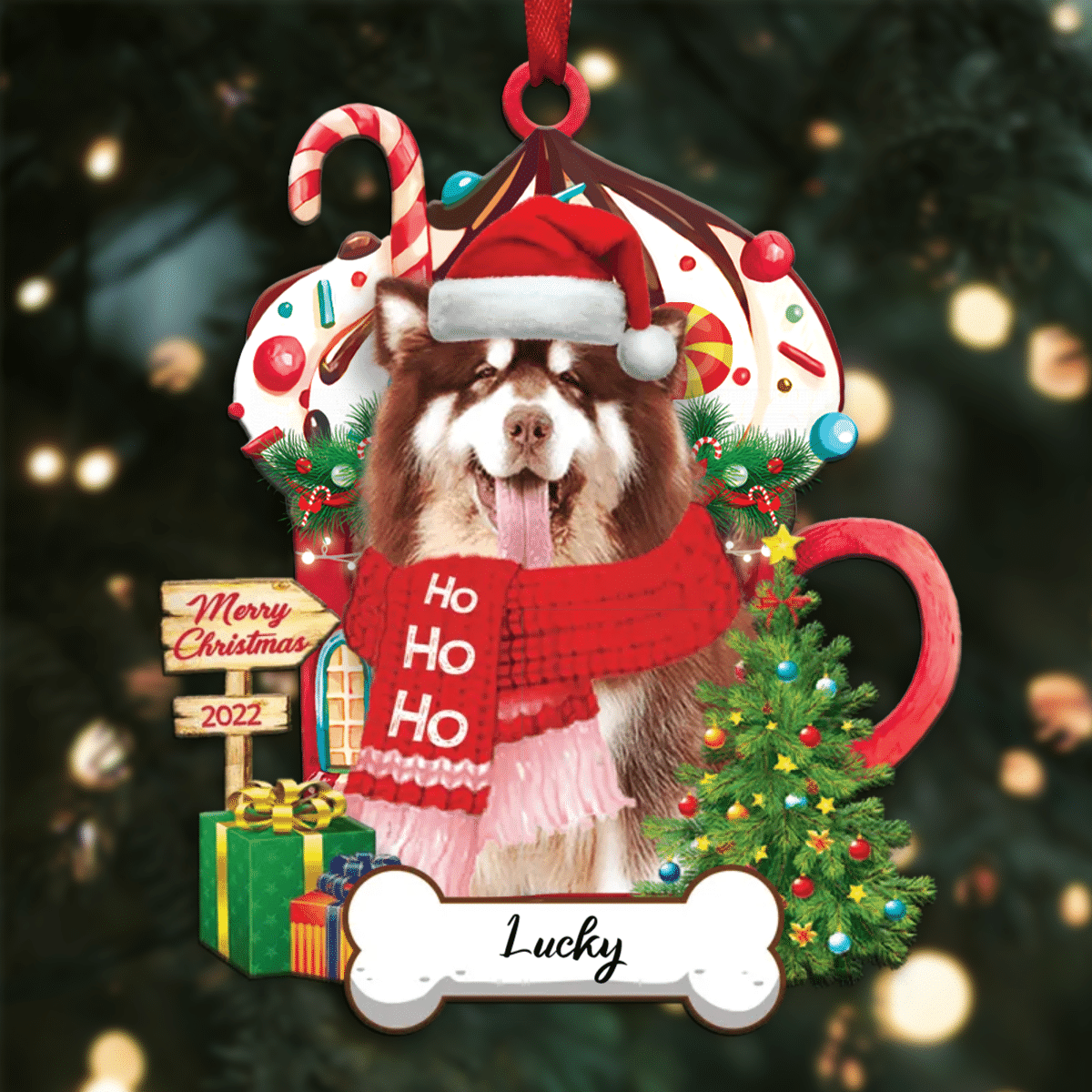Personalized Ho Ho Ho Alaskan Dog Christmas Ornament for Christmas Tree Decor OO3910