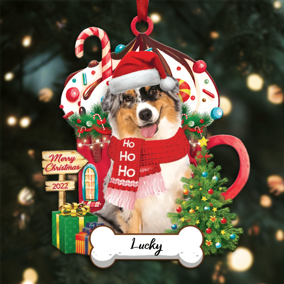 Personalized Ho Ho Ho Australian Shepherd Dog Christmas Ornament for Dog Lovers OO3908