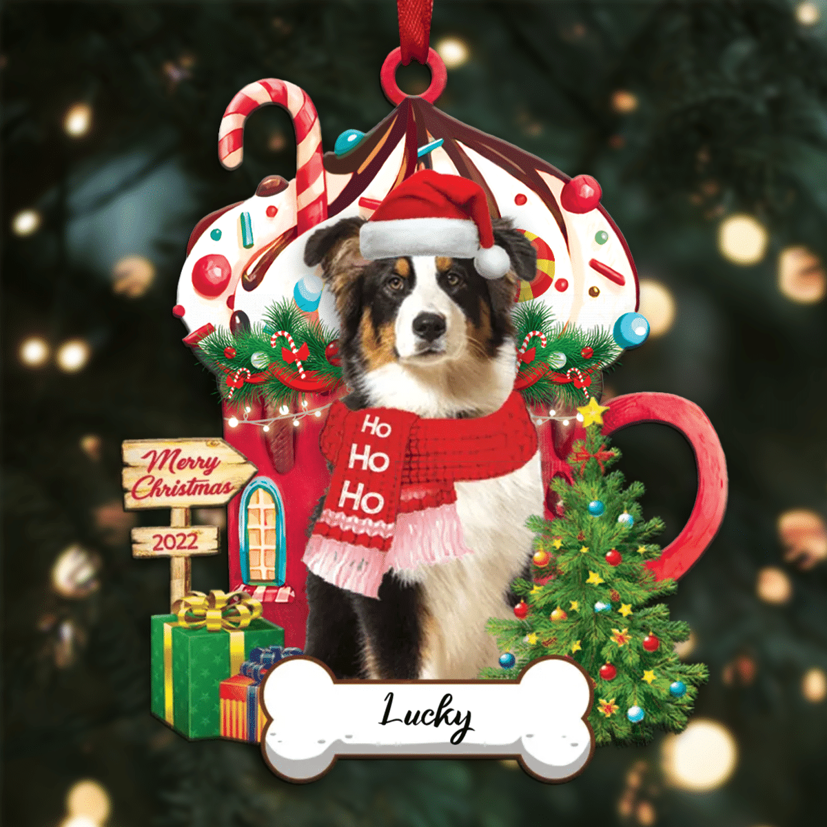 Personalized Ho Ho Ho Australian Shepherd Dog Christmas Ornament for Dog Lovers OO3908