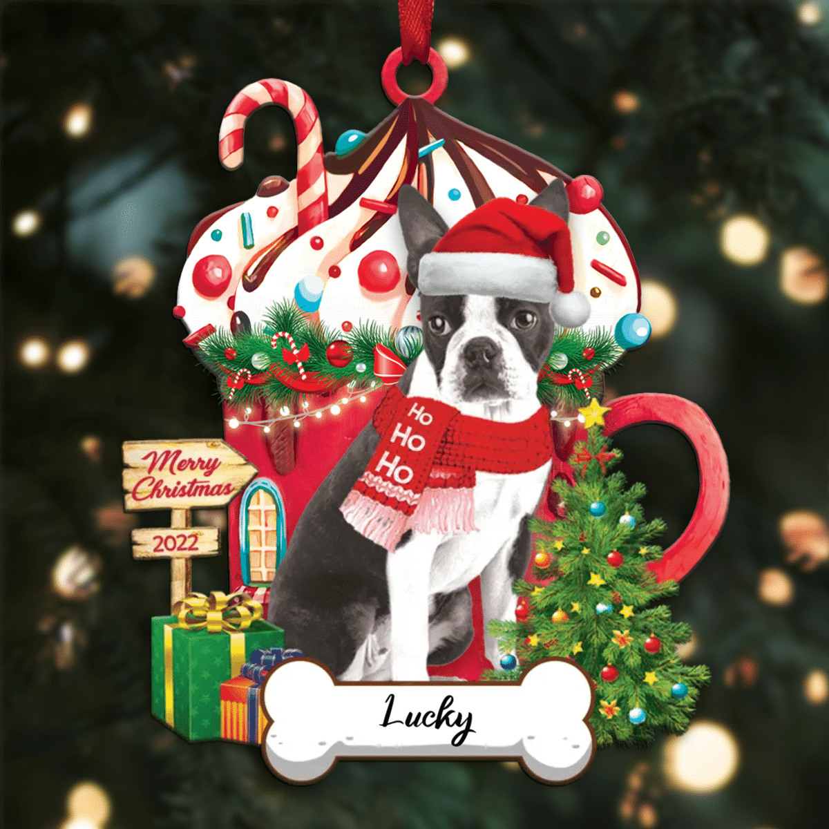 Personalized Ho Ho Ho Boston Terrier Dog Christmas Ornament for Christmas Tree Decor OO3901