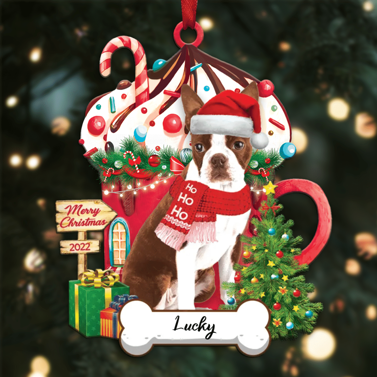 Personalized Ho Ho Ho Boston Terrier Dog Christmas Ornament for Christmas Tree Decor OO3901