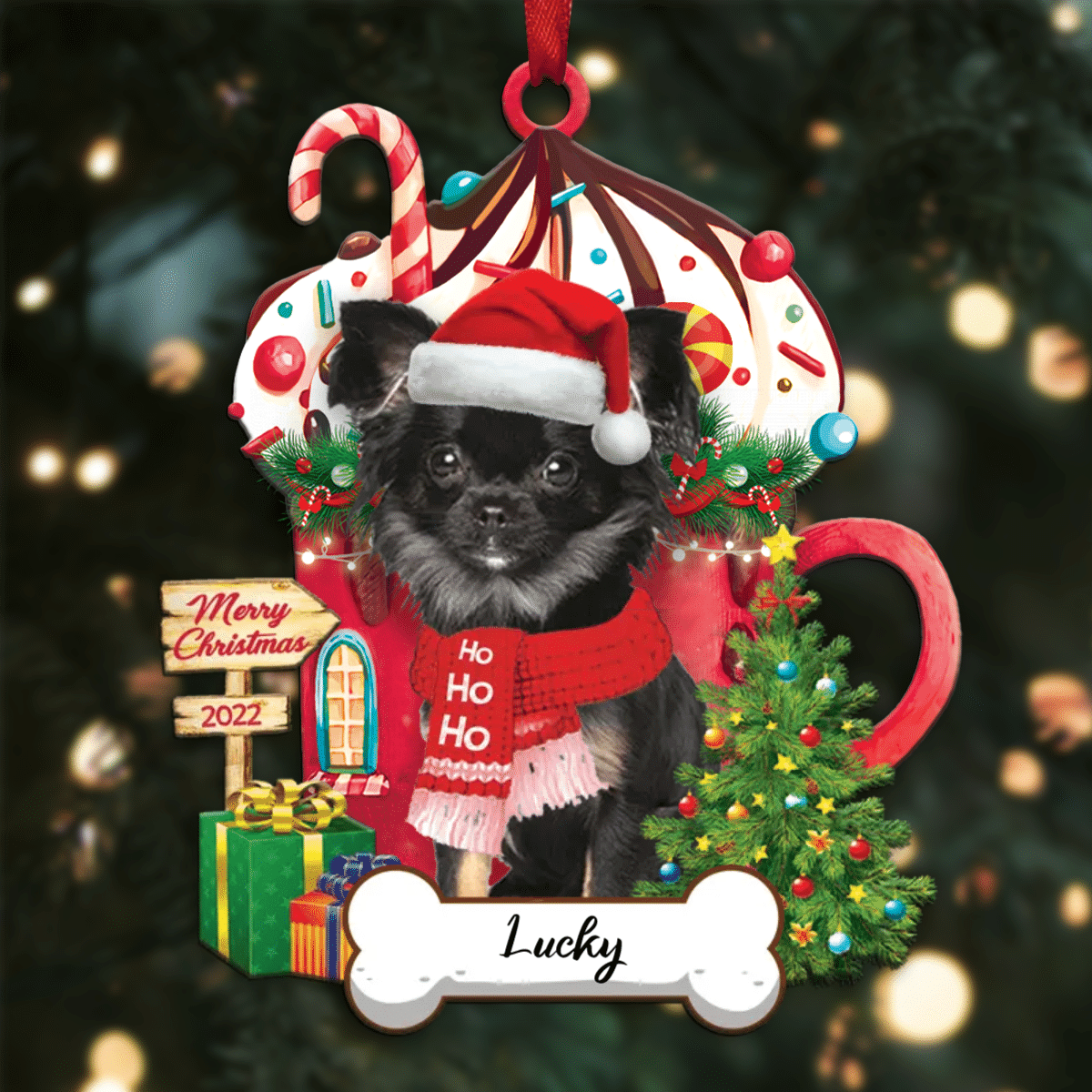Personalized Ho Ho Ho Black Chihuahua Dog Christmas Ornament for Dog Lovers OO3897