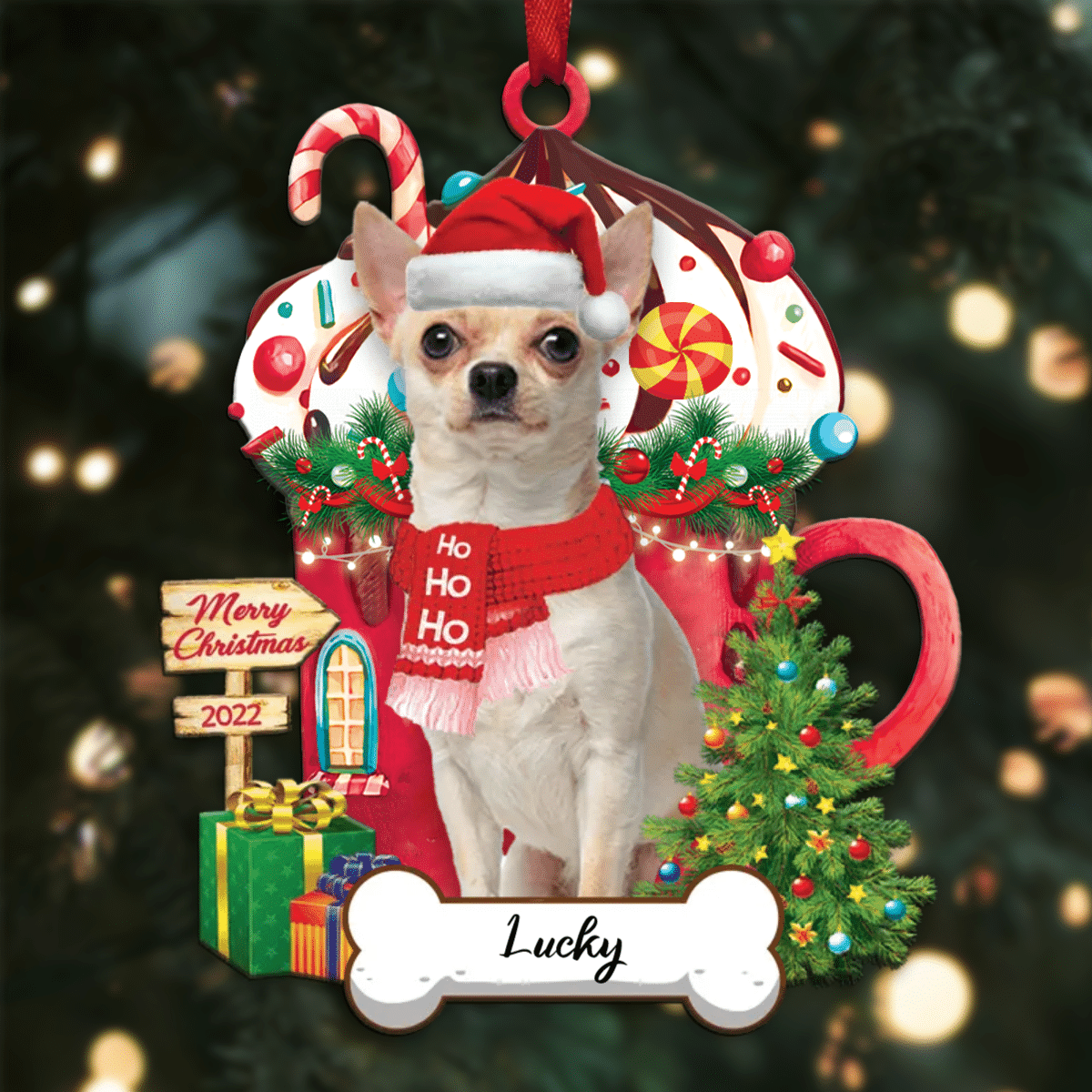 Personalized Ho Ho Ho Yellow Chihuahua Dog Christmas Ornament for Dog Lovers OO3896