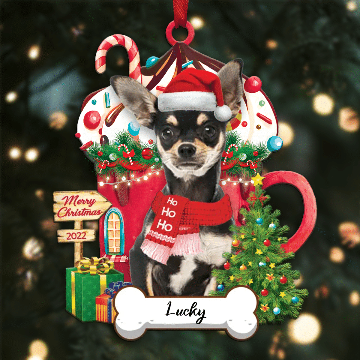 Personalized Ho Ho Ho Yellow Chihuahua Dog Christmas Ornament for Dog Lovers OO3896