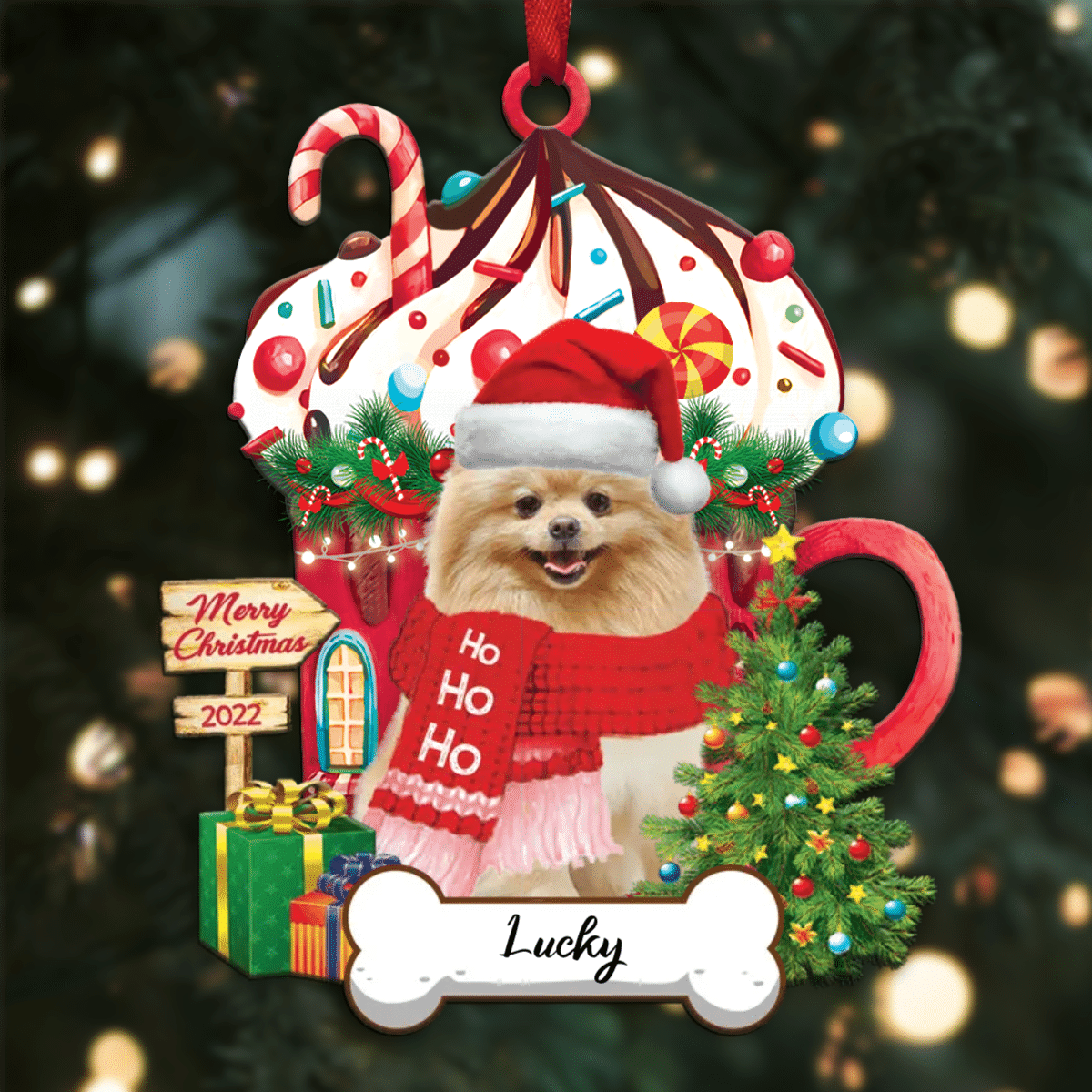 Personalized Ho Ho Ho Yellow Pomeranian Spitz Dog Christmas Ornament for Dog Lovers OO3872