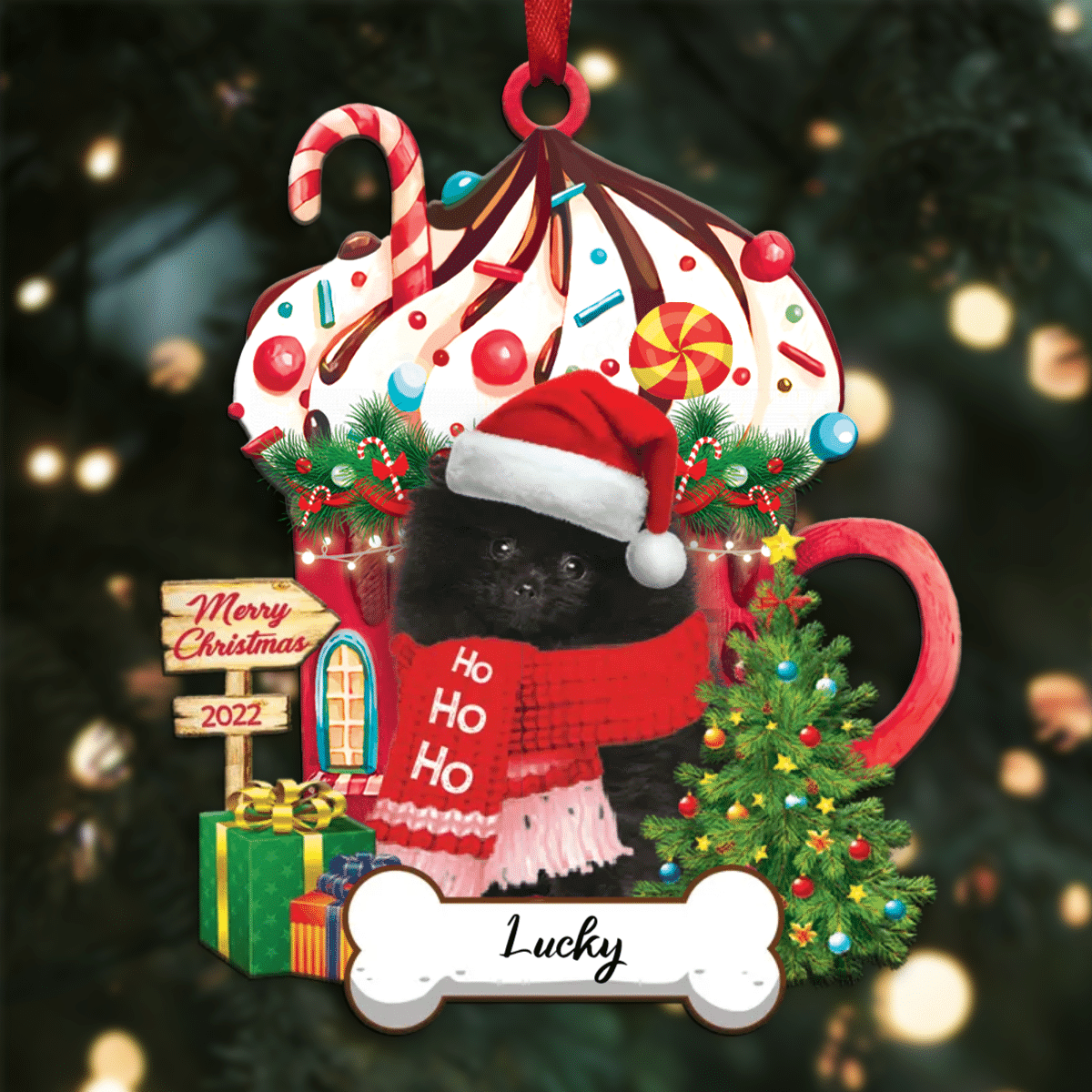 Personalized Ho Ho Ho Yellow Pomeranian Spitz Dog Christmas Ornament for Dog Lovers OO3872
