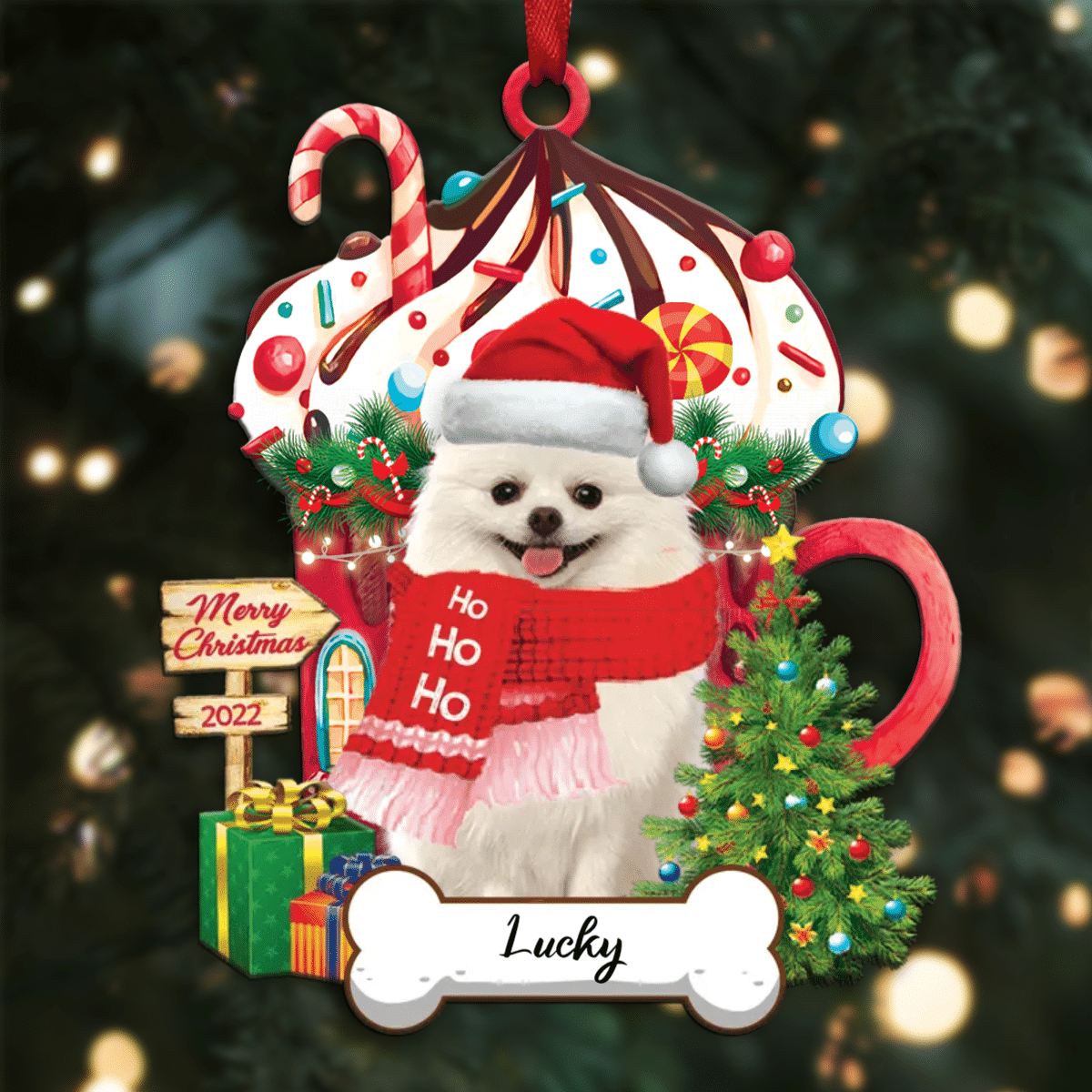 Personalized Ho Ho Ho White Pomeranian Spitz Dog Christmas Ornament for Dog Lovers OO3871