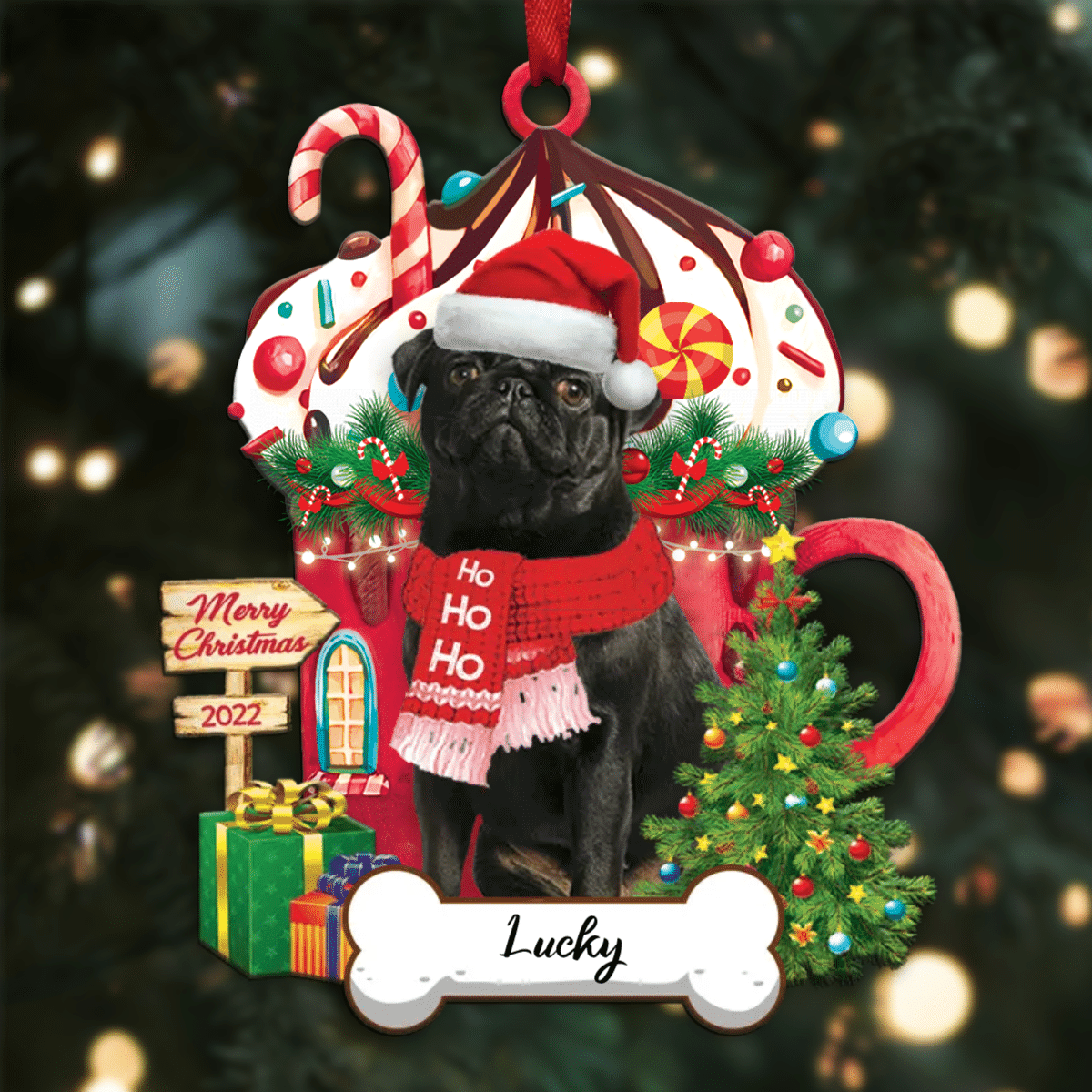 Personalized Ho Ho Ho Pug Dog Christmas Ornament for Dog Lovers OO3864