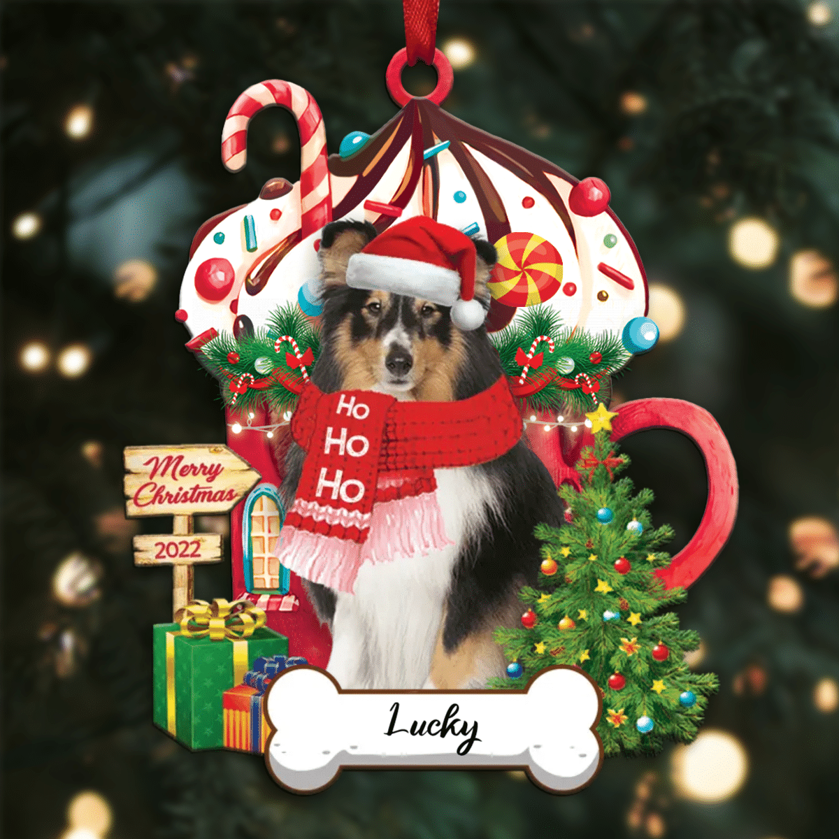 Personalized Ho Ho Ho Shetland Sheepdog Dog Christmas Ornament for Dog Lovers OO3859