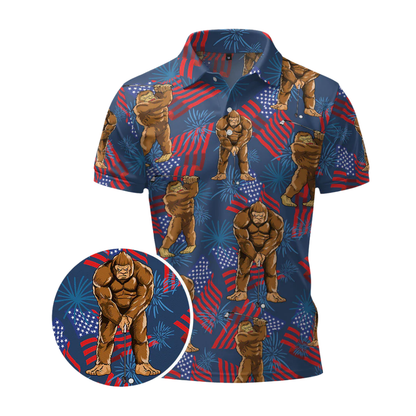 Tropical Bigfoot USA Flag Mens Golf Polo Shirt, Sasquatch Bigfoot 4th Of July Golf Shirts GZ0305