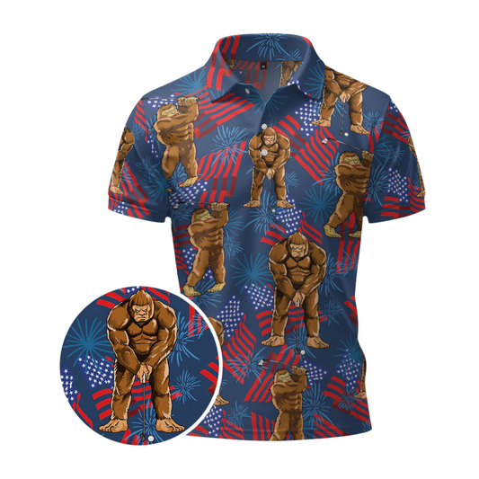 Tropical Bigfoot USA Flag Mens Golf Polo Shirt, Sasquatch Bigfoot 4th Of July Golf Shirts GZ0305