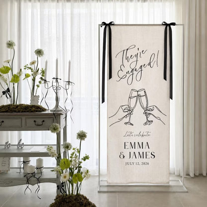 They're Engaged Custom Linen Welcome Banner, Custom Engagement Party Welcome Sign WD0961