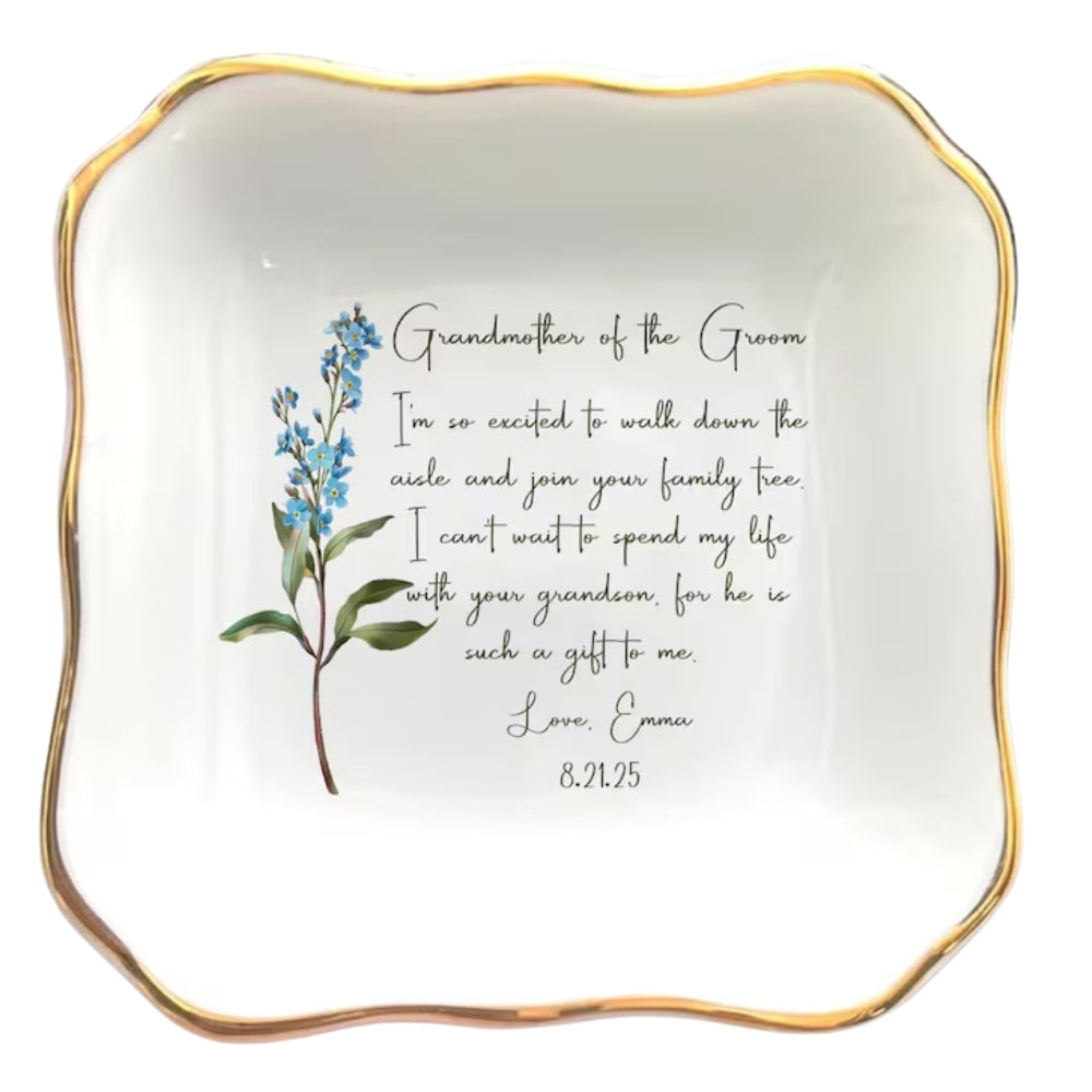 Personalized Grandmother Of The Groom Floral Wedding Ring Dish, Personalized Wedding Jewelry Dish For Grandmother Of The Groom WD0159