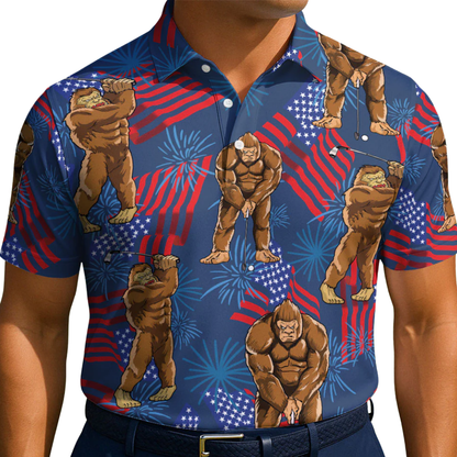 Tropical Bigfoot USA Flag Mens Golf Polo Shirt, Sasquatch Bigfoot 4th Of July Golf Shirts GZ0305