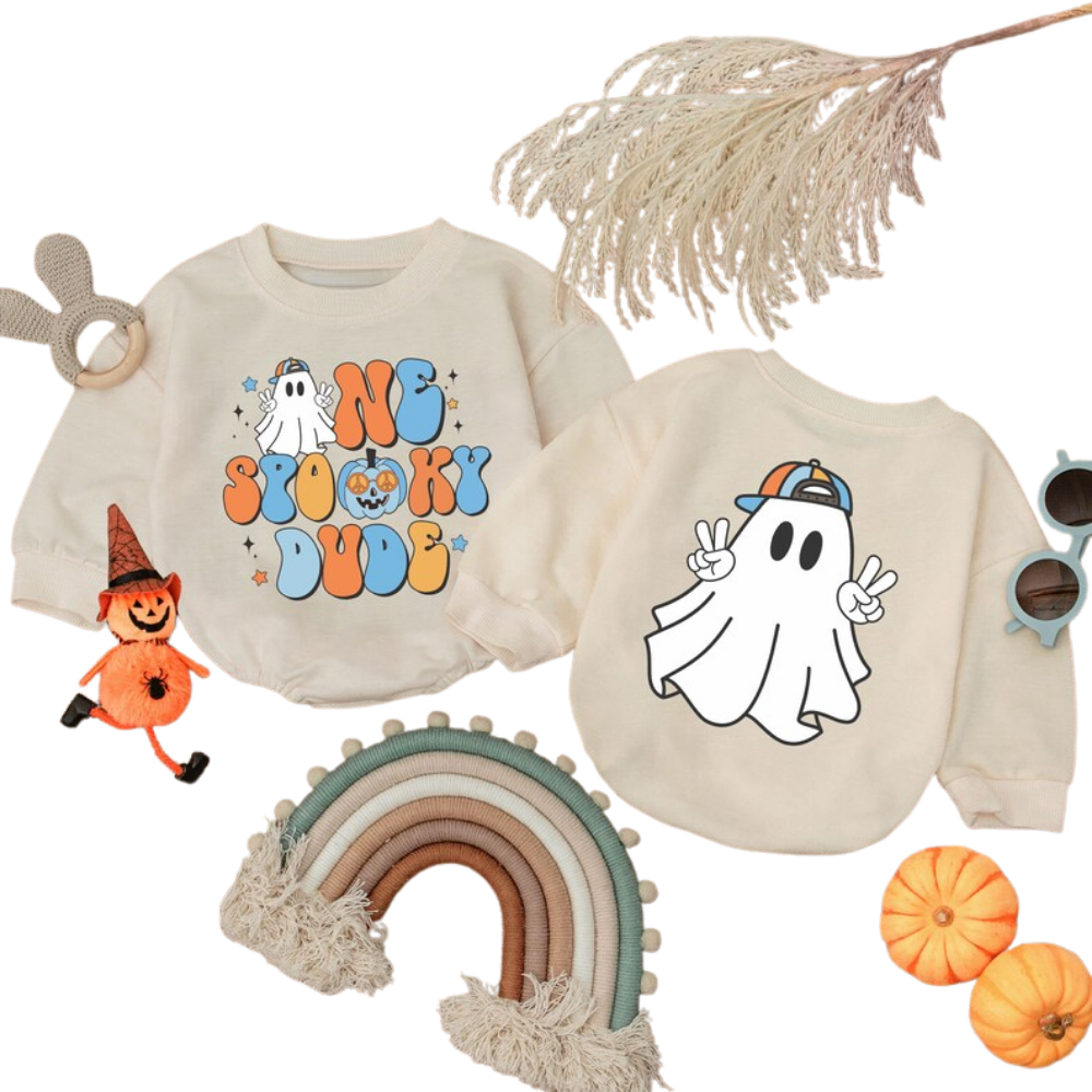 One Spooky Dude Halloween Ghost Birthday Baby Romper Sweatshirt, Halloween 1st Birthday Romper Sweatshirt BB0277