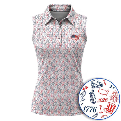 250th Anniversary Red White Blue Pattern Sleeveless Golf Shirt For Ladies, Women's 4th Of July Golf Shirt GE0410