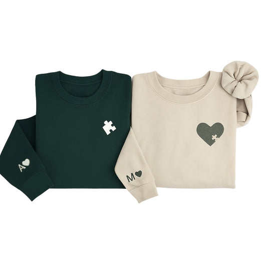 Custom Embroidered Heart and Puzzle Piece Couple Sweatshirt, Custom Valentines Day Sweatshirt 2D0258