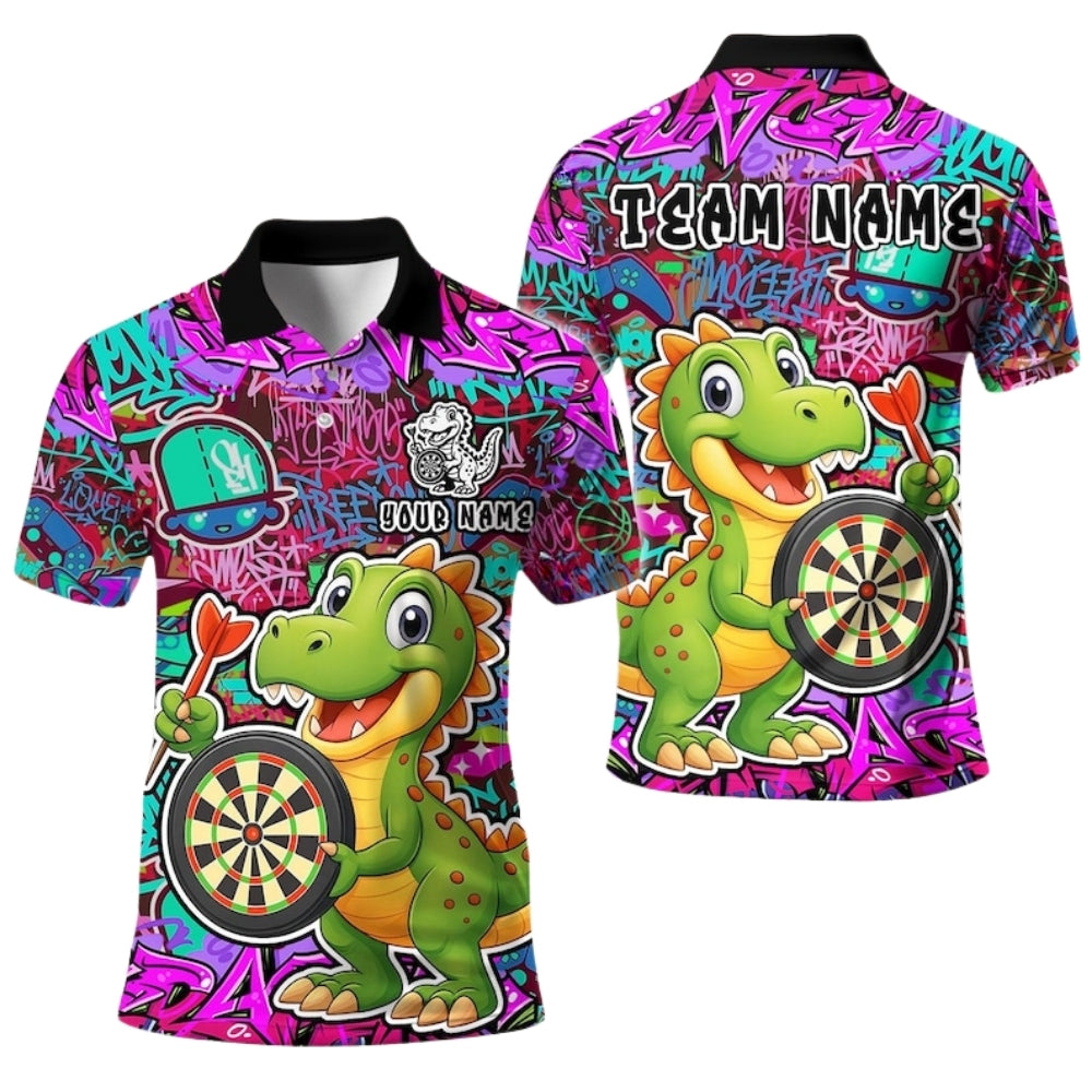 Custom Graffiti Funny Dinosaur Darts Polo Shirt Mens, Custom Dinosaur Darts Team Shirts DE0039