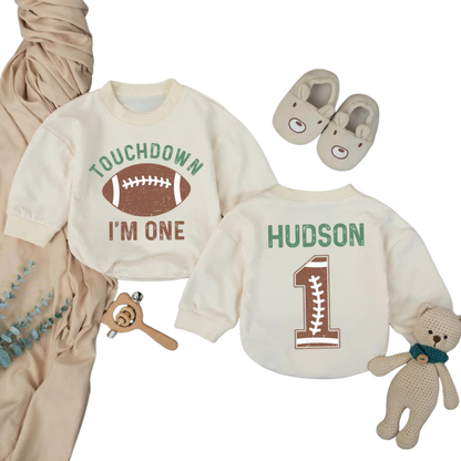 Custom Touchdown I'm One Baby Football Romper Sweater, Custom Football 1st Birthday Baby Romper Sweatshirt BB0279