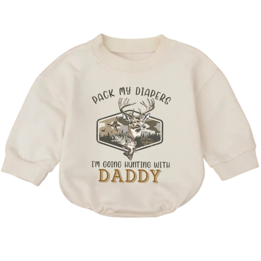 Pack My Diapers I'm Going Hunting With Daddy Baby Romper Sweatshirt, Deer Hunting Romper Sweatshirt For Baby BB0558