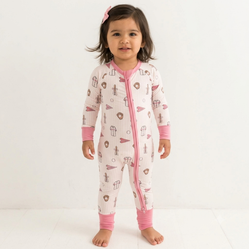 Baseball Pink Baby Girl Convertible Zippy Romper, Baby Baseball Romper Convertible BB0727
