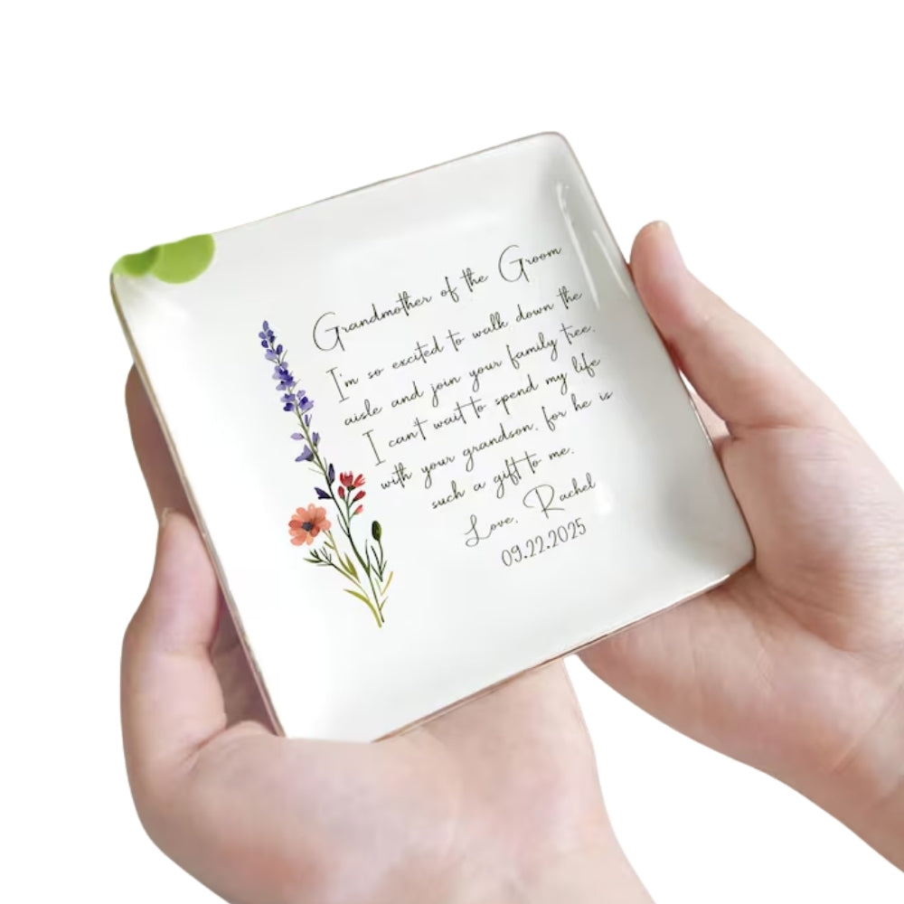 Personalized Grandmother Of The Groom Floral Wedding Ring Dish, Personalized Wedding Jewelry Dish For Grandmother Of The Groom WD0159