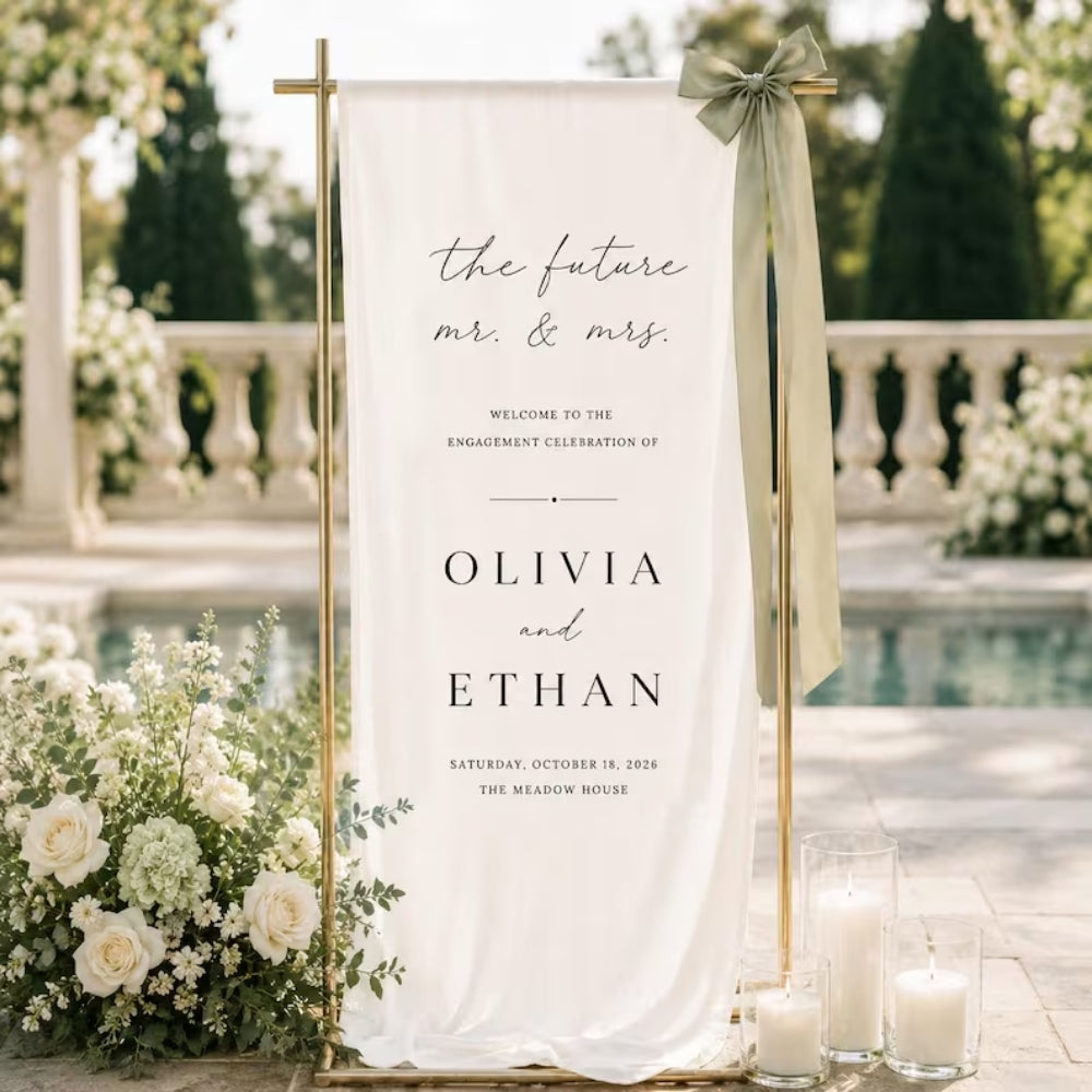 The Future Mr & Mrs Personalized Engagement Party Welcome Sign Linen, Custom Engaged Welcome Banner WD0962