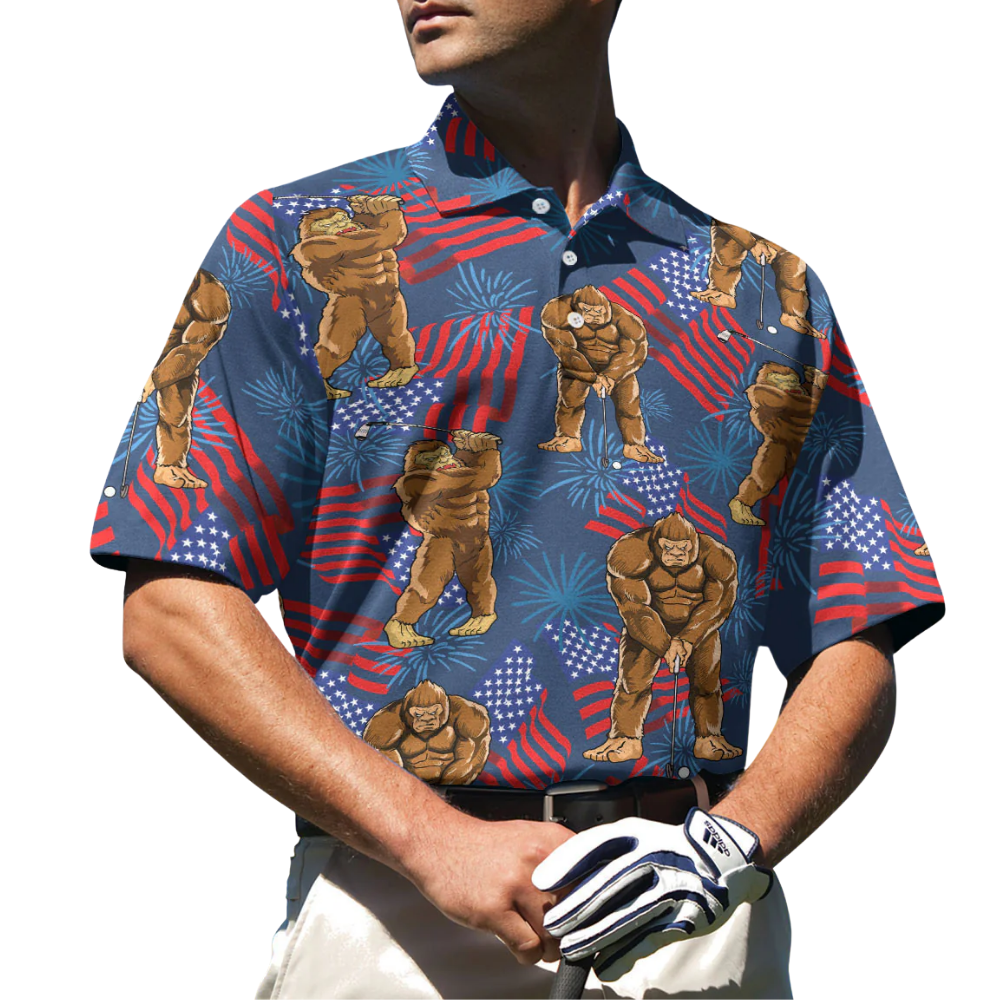Tropical Bigfoot USA Flag Mens Golf Polo Shirt, Sasquatch Bigfoot 4th Of July Golf Shirts GZ0305