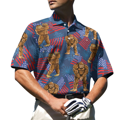 Tropical Bigfoot USA Flag Mens Golf Polo Shirt, Sasquatch Bigfoot 4th Of July Golf Shirts GZ0305