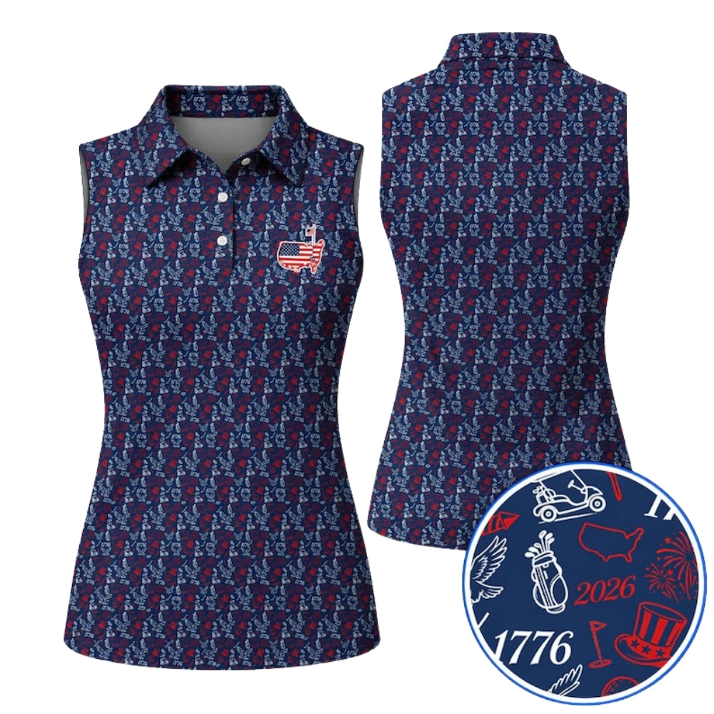 250th Anniversary Red White Blue Pattern Sleeveless Golf Shirt For Ladies, Women's 4th Of July Golf Shirt GE0410
