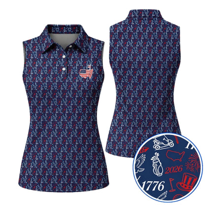 250th Anniversary Red White Blue Pattern Sleeveless Golf Shirt For Ladies, Women's 4th Of July Golf Shirt GE0410