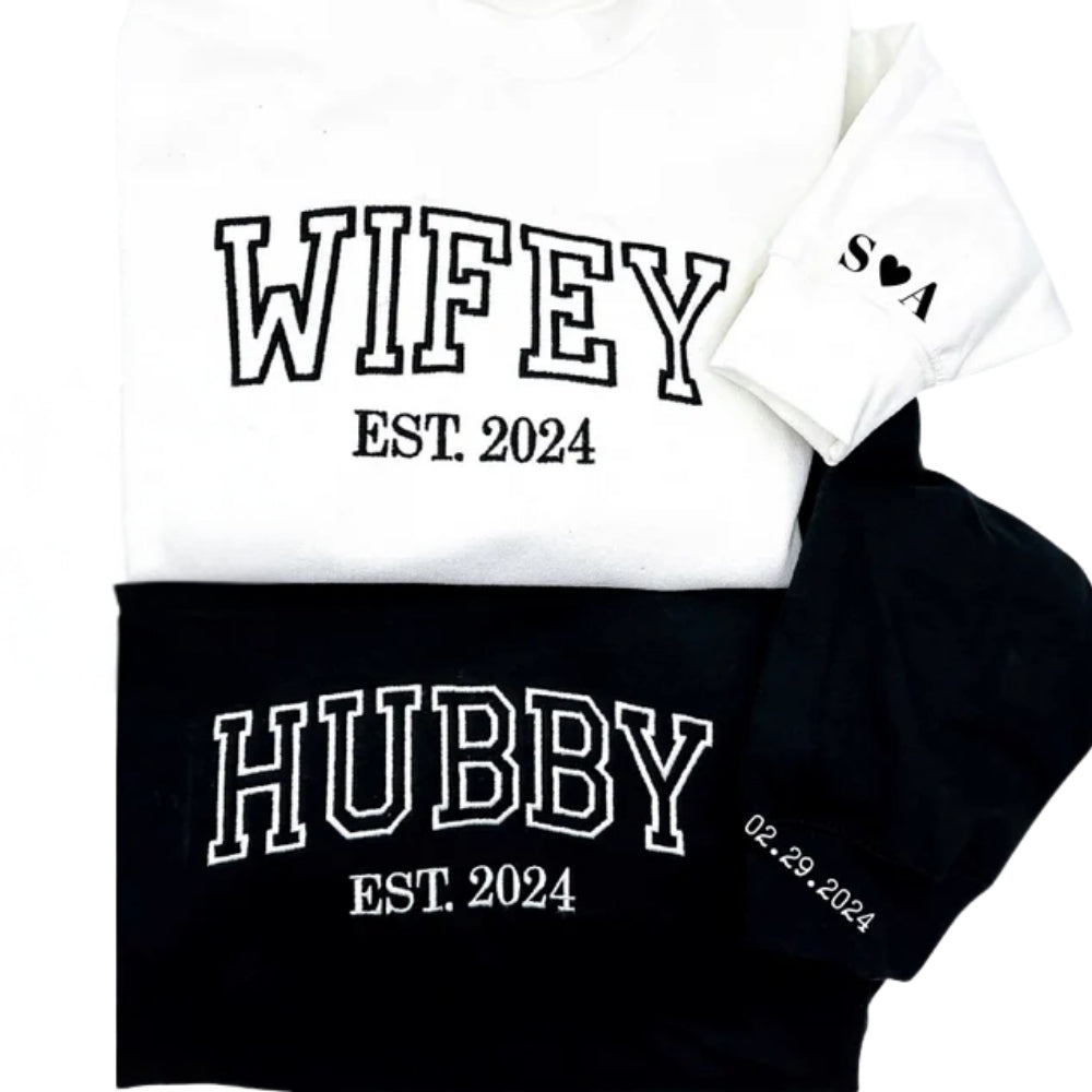 Custom Couples Embroidered Sweatshirt, Custom Matching Wifey and Hubby Sweatshirts 2D0338