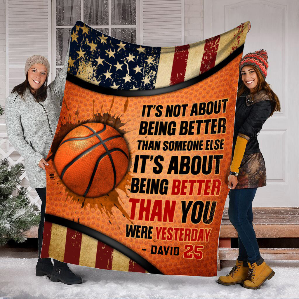 Personalized Vintage Basketball Throw Blanket, Gift for Son Basketball Fleece Sherpa Blanket BD0035