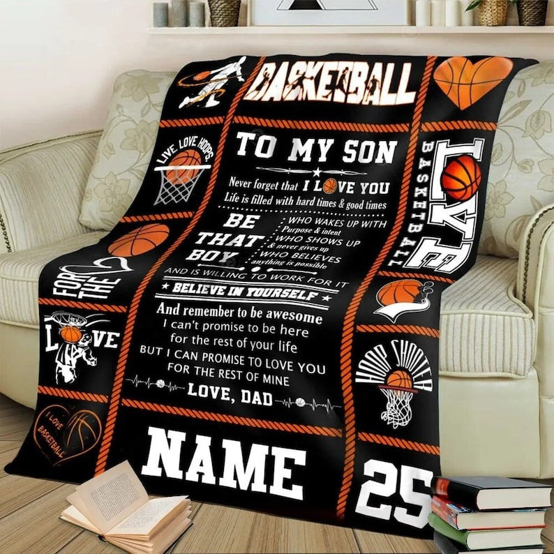 Personalized Vintage Basketball Throw Blanket, Gift for Son Basketball Fleece Sherpa Blanket BD0035