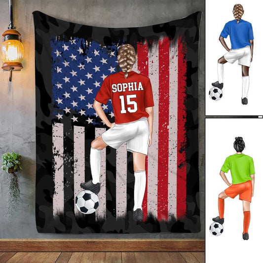 Personalized Female Soccer Throw Blanket, Soccer Girl Woman Fleece Blanket, Soccer Team Gift for Daughter BD0020