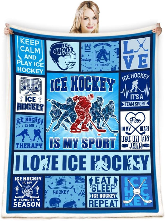 Ice Hockey Blanket for Boys Men Son Birthday Gift, Gifts for Ice Hockey Player, Winter Gifts for Hockey Lovers Kids Coach Blanket BD0044