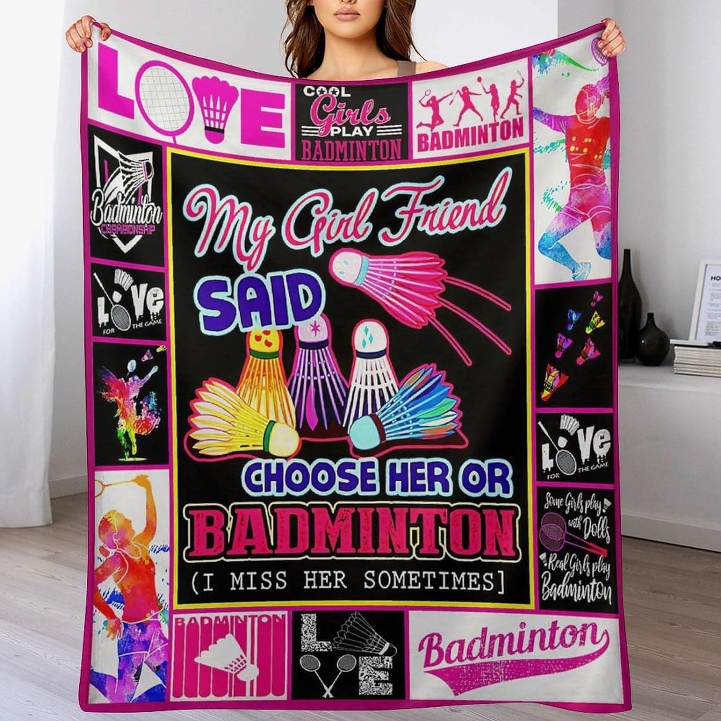 Pink Badminton Blanket Badminton Gifts for Girlfriend Boyfriend Badminton Throw Blanket BD0045